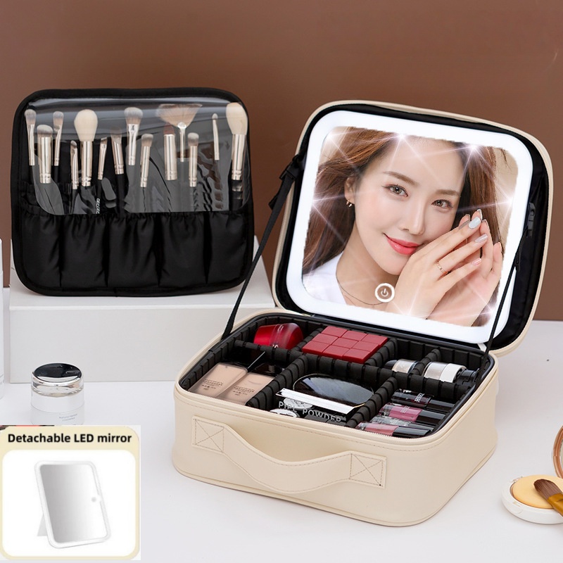 Beauty Makeup Light - กระเป๋าเครื่องสำอางผู้หญิงขนาดใหญ่ พร้อมไฟ LED ในตัว กระจกพกพา กล่องใส่เครื่องสำอางสำหรับเดินทาง