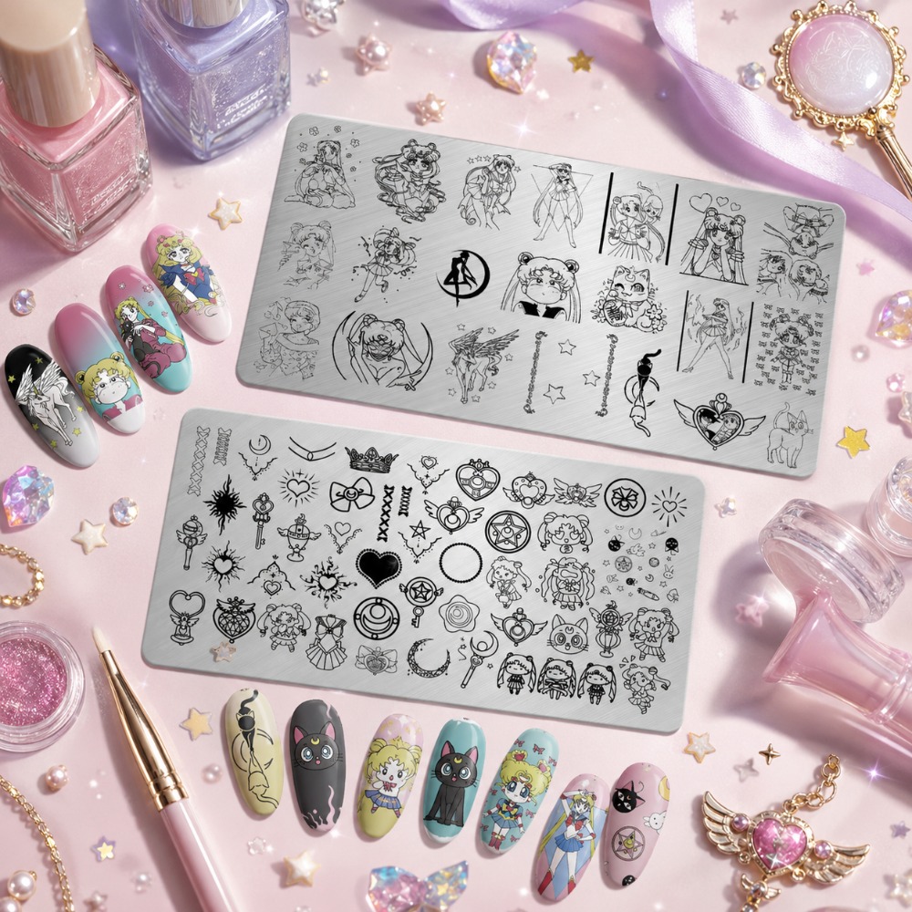 Nail Art Stamping Kit - แผ่นปั๊มลายเล็บอนิเมะเซเลอร์มูน ลายการ์ตูนน่ารัก วัสดุสแตนเลส สำหรับตกแต่งเล็บ DIY