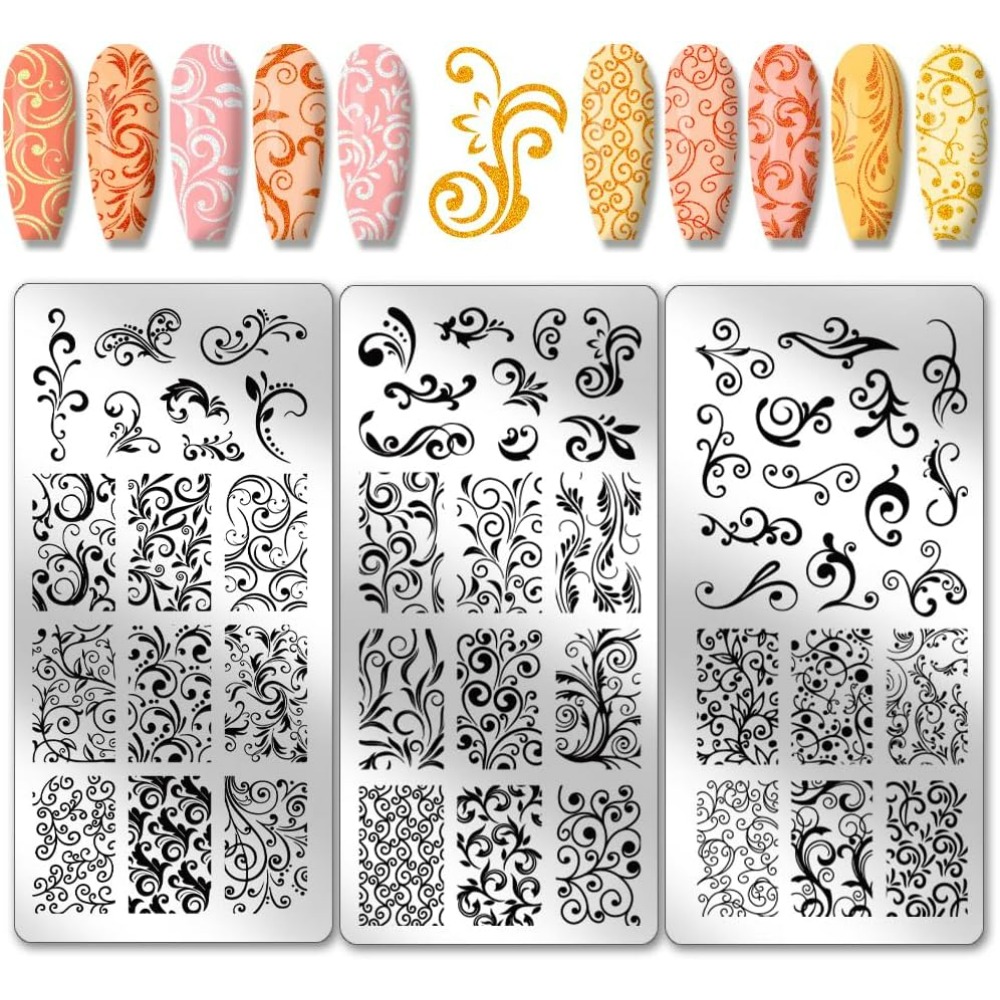 Nail Art Stamping Kit - 3pcs Swirl รูปแบบเล็บแม่แบบเล็บฝรั่งเศสแผ่นปั๊ม 52 รูปแบบพืชดอกไม้เล็บ Art