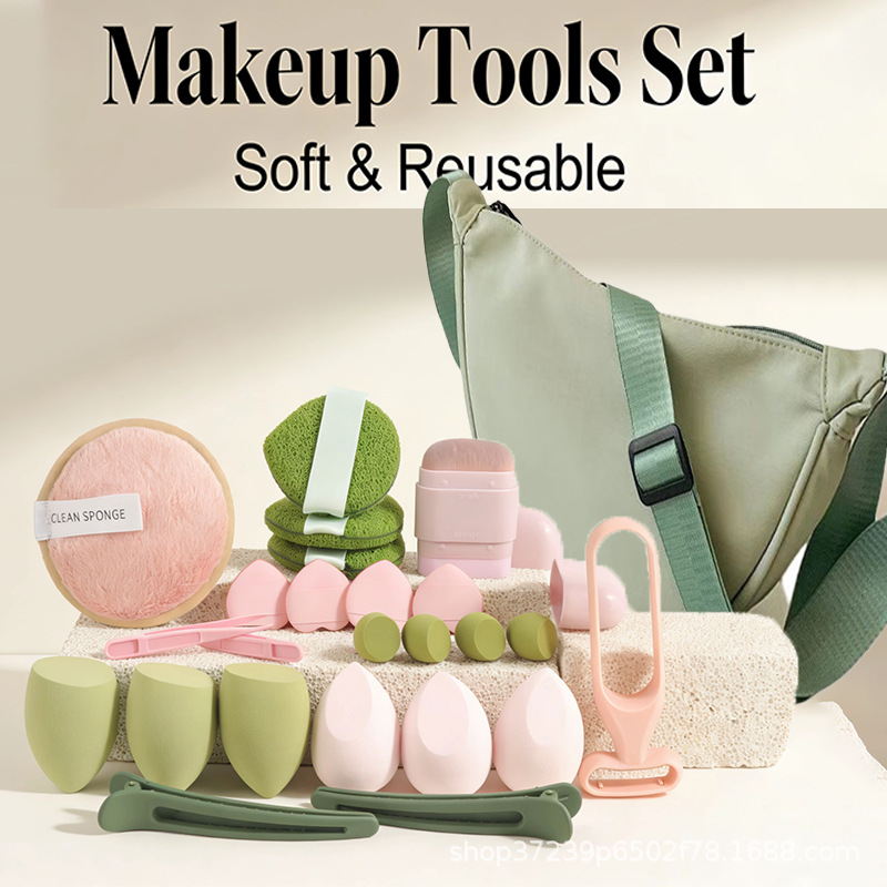 Makeup Beauty Set - กระเป๋าทรงเกี๊ยวสุดเก๋พร้อมชุดเครื่องสำอางสีเขียว 23 ชิ้น ฟองน้ำนุ่มสำหรับแต่งหน้า กิ๊บติดผม ชุดอุปกรณ์เสริมความงามสุดอินเทรนด์สำหรับฤดูร้อน