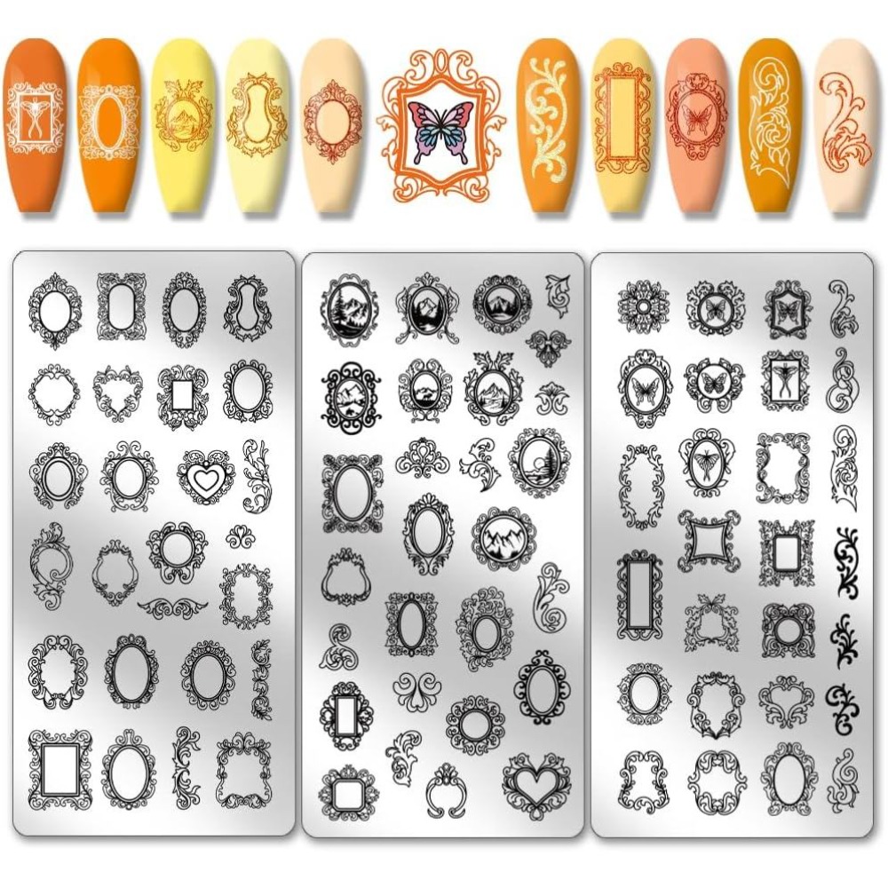 Nail Art Stamping Kit - แผ่นปั๊มลายเล็บลายกรอบรูปวินเทจ 3 ชิ้น แบบผสมลายกรอบรูปและวิวทิวทัศน์ แม่แบบลายเล็บ แผ่นลายเล็บ