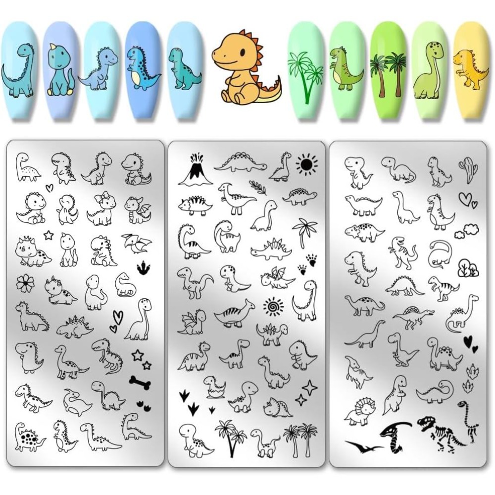 Nail Art Stamping Kit - แผ่นปั๊มลายเล็บไดโนเสาร์ 3 ชิ้น ลายไดโนเสาร์น่ารัก แม่แบบศิลปะเล็บ ลายหัวใจ