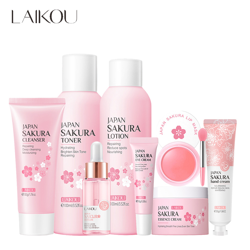 Beauty Makeup Cream - Laikou ชุดดูแลผิวหน้าซากุระ8ชิ้นครีมให้ความชุ่มชื้นเซรั่มบำรุงผิวผ่อนคลายซ่อมแซมครีมทามือลิปบาล์มการแต่งหน้าเพื่อความงาม